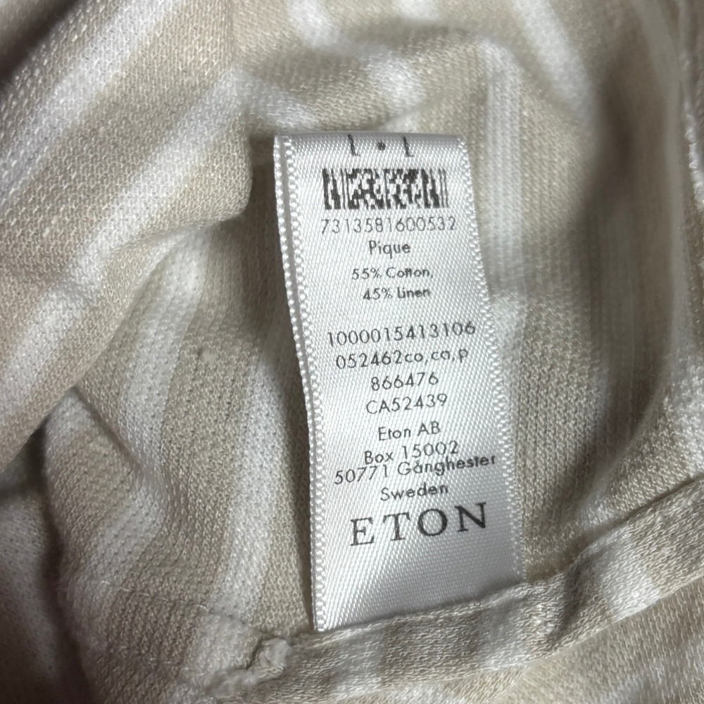 Eton Contemporary Linen Blend Pique Polo Shirt Mens L Tan White Striped - Picture 7 of 7